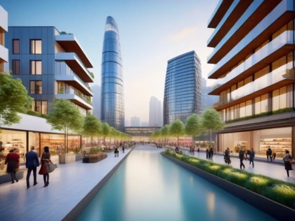 Centro urbano moderno: diseño integrado y sostenible Vibrante ciudad con desarrollos mixtos centros comerciales multifuncionales, rascacielos modernos, espacios verdes y actividad peatonal