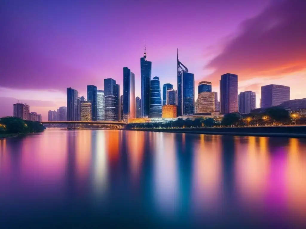 Horizonte urbano al atardecer: luces y tranquilidad Vibrante ciudad al anochecer con diversidad de edificios iluminados y reflejados en un río tranquilo