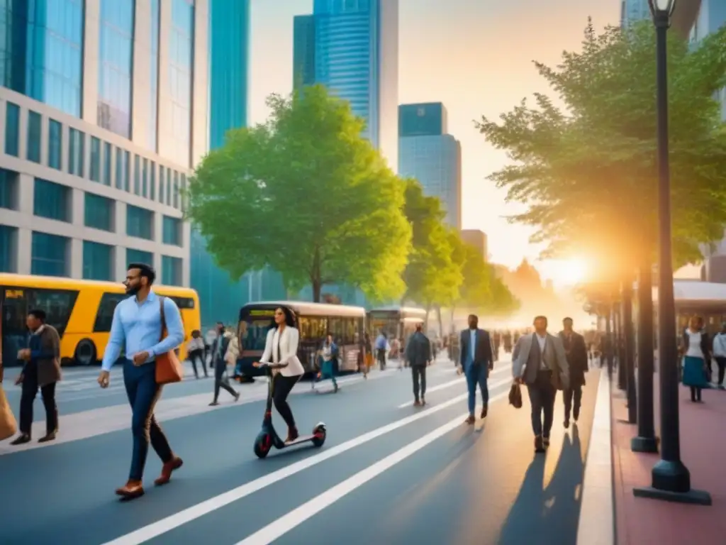 Escena urbana vibrante con diversidad de transporte y modernos edificios Vibrante ciudad con diversidad de personas en calles modernas, transportes y árboles