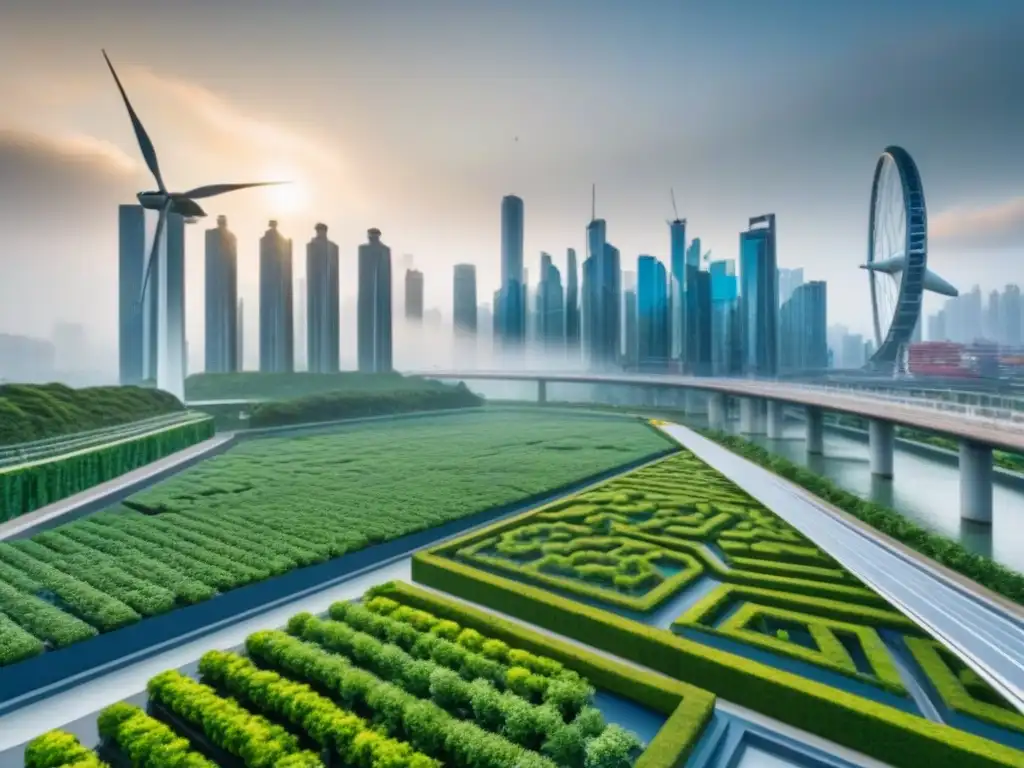 Skyline urbano sostenible con infraestructura verde futurista en 8k Vibrante ciudad ecoamigable con infraestructura verde