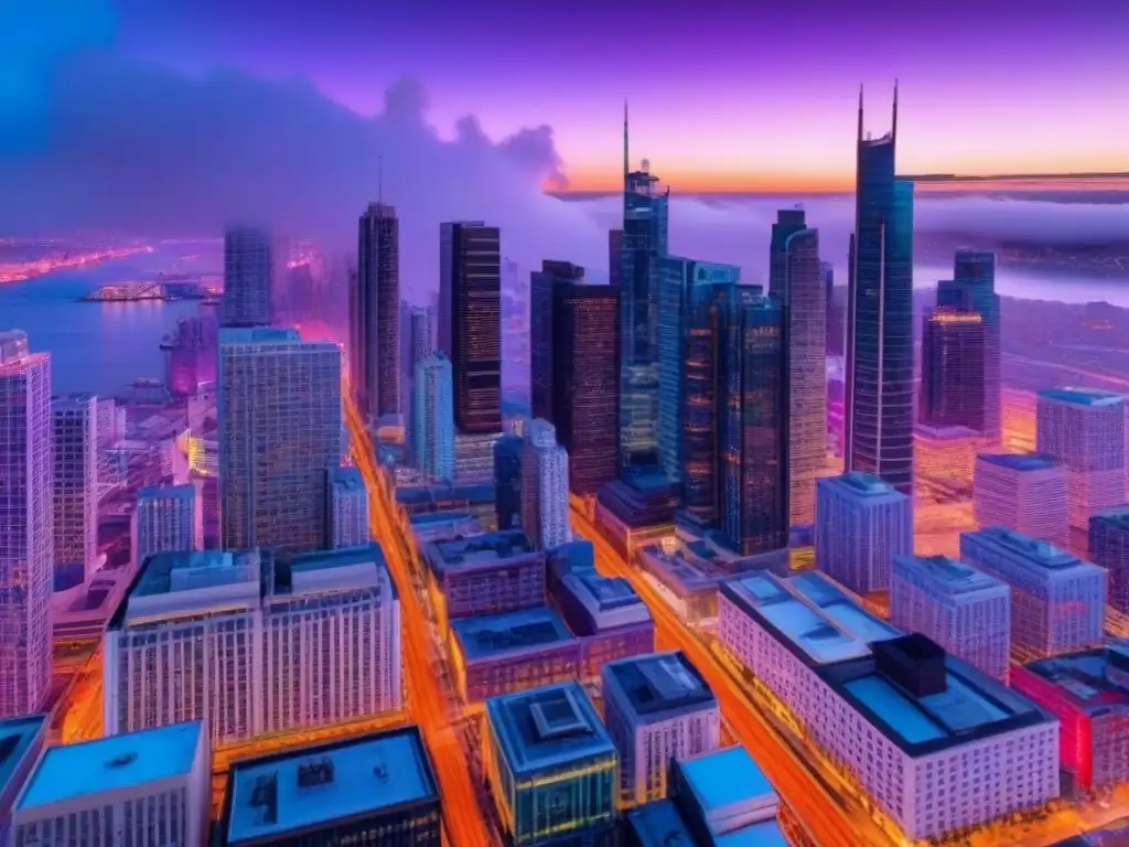 Centro urbano vibrante al anochecer con luces neón Vibrante ciudad al anochecer con edificios comerciales modernos, luces de neón y bulliciosa actividad