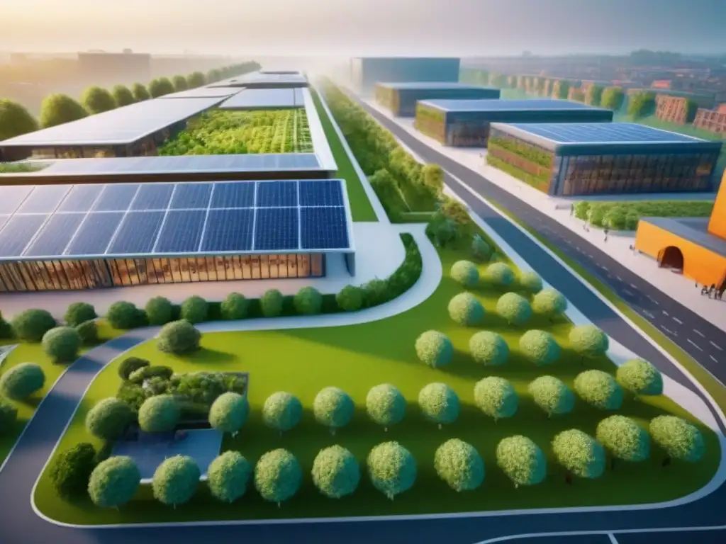 Ciudad educativa sostenible: innovación, naturaleza y aprendizaje Vibrante ciudad educativa sostenible con estudiantes participando en actividades de aprendizaje en espacios verdes y arquitectura innovadora