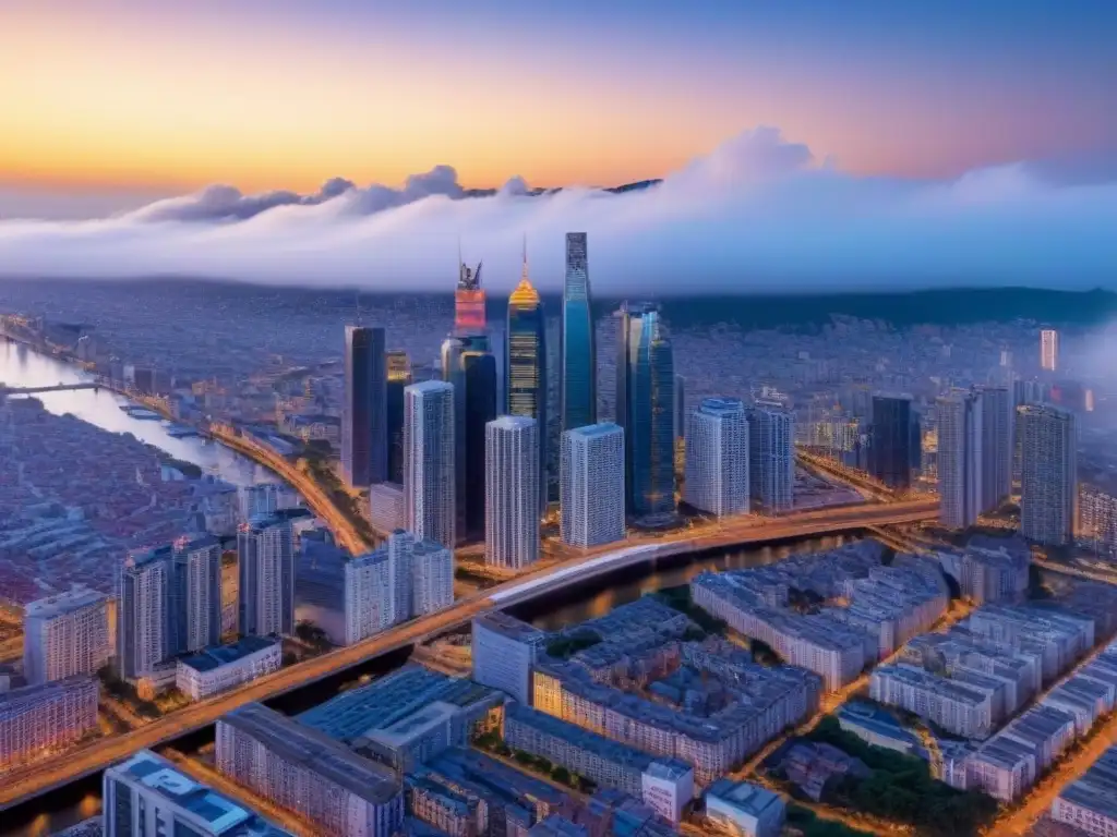 Espléndida vista aérea de una ciudad emergente al atardecer Vibrante ciudad emergente al atardecer, con un mix de modernidad y tradición