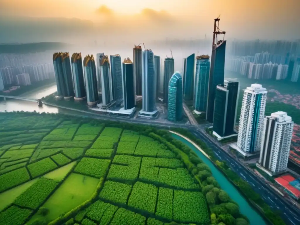 Metrópolis floreciente: ciudad emergente con rascacielos y diversidad Vibrante ciudad emergente con rascacielos y naturaleza, reflejo de 'Riesgo en Fondos Inmobiliarios Emergentes'