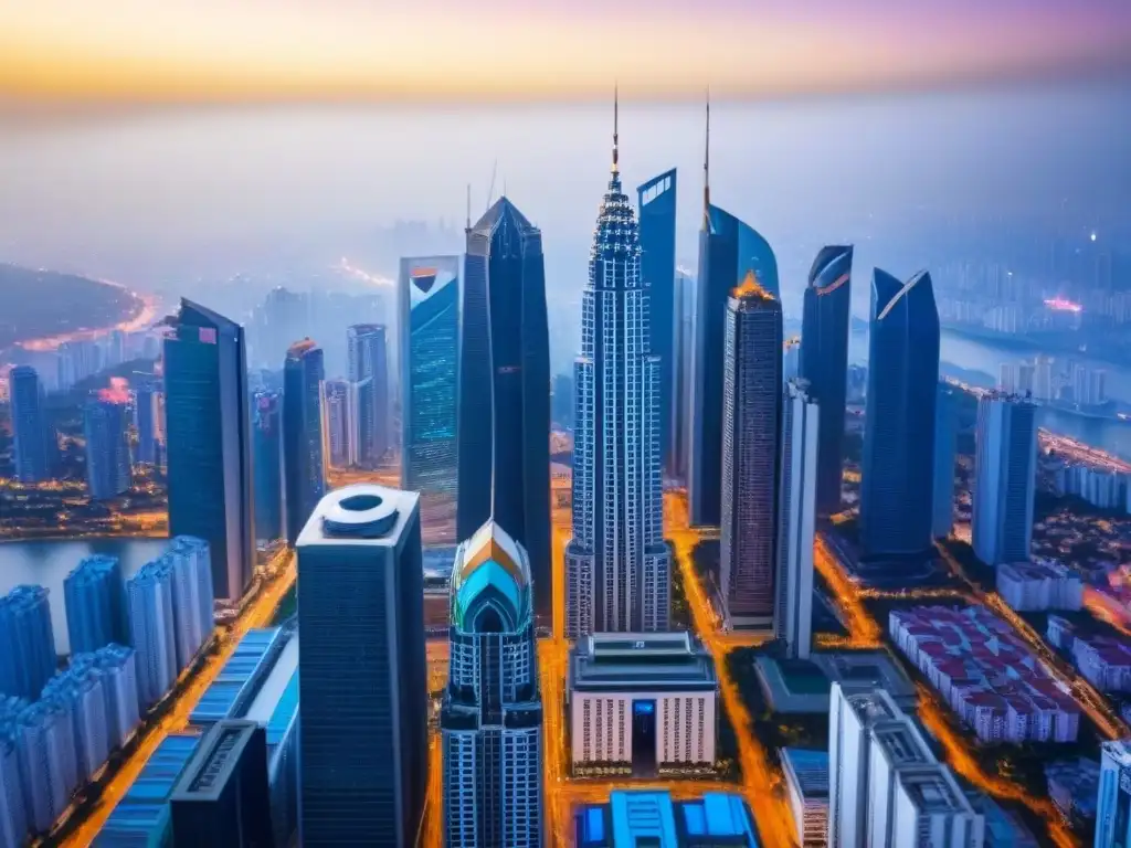 Horizonte urbano emergente: Inversiones REIT en mercados en crecimiento Vibrante ciudad emergente con rascacielos y arquitectura tradicional, simbolizando las Inversiones REITs en mercados emergentes