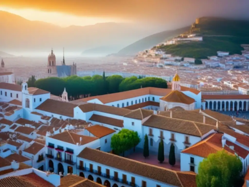Espléndida vista aérea de ciudad española: arquitectura tradicional y moderna, calles coloridas, mercado animado y catedral dorada al sol Vibrante ciudad española con arquitectura tradicional y moderna, mercado bullicioso y catedral iluminada por el sol