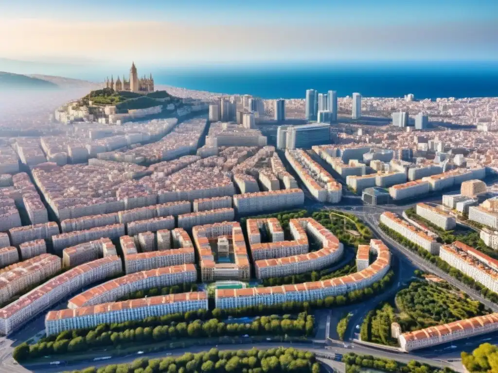 Vibrante ciudad española: arquitectura tradicional y moderna Vibrante ciudad española: arquitectura tradicional y moderna, con enfoque en edificios residenciales y rascacielos, bajo cielo azul