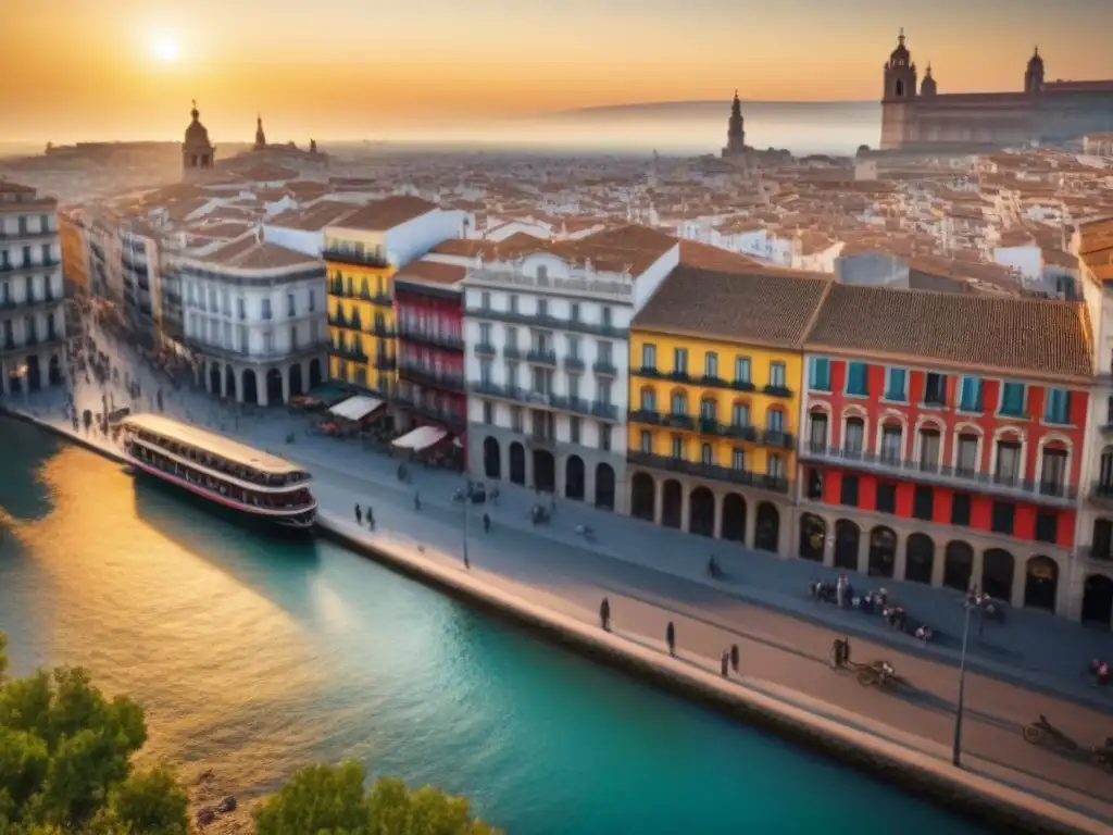 Cityscape español al atardecer: fusión de tradición e innovación Vibrante ciudad española al atardecer con modernos rascacielos y arquitectura histórica