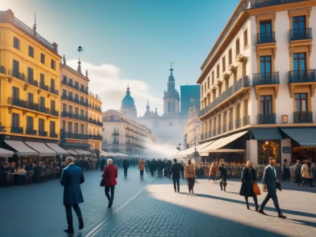 Centro urbano español: fusión histórica y moderna en una ciudad vibrante Vibrante ciudad española con consecuencias de gentrificación: catedrales históricas, rascacielos modernos y diversidad en las calles
