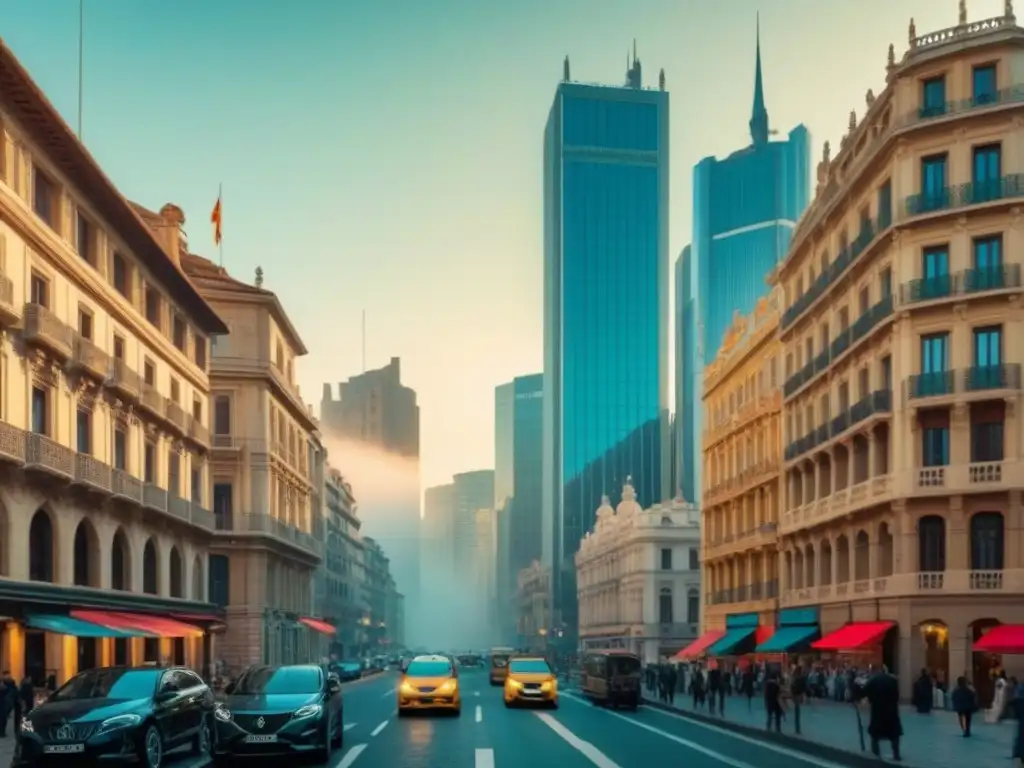 Cityscape moderno y vibrante en España Vibrante ciudad española con impacto económico en mercado inmobiliario: rascacielos modernos y arquitectura histórica, calles llenas de gente