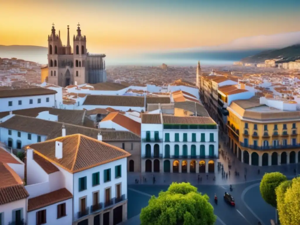 Vista aérea hiperrealista de una ciudad española vibrante Vibrante ciudad española con variedad arquitectónica