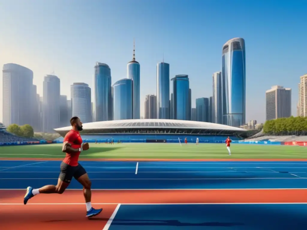 Estadio moderno en ciudad vibrante con diversidad urbana Vibrante ciudad con estadio deportivo moderno y rascacielos relucientes bajo el sol, reflejando eventos deportivos precios inmobiliarios