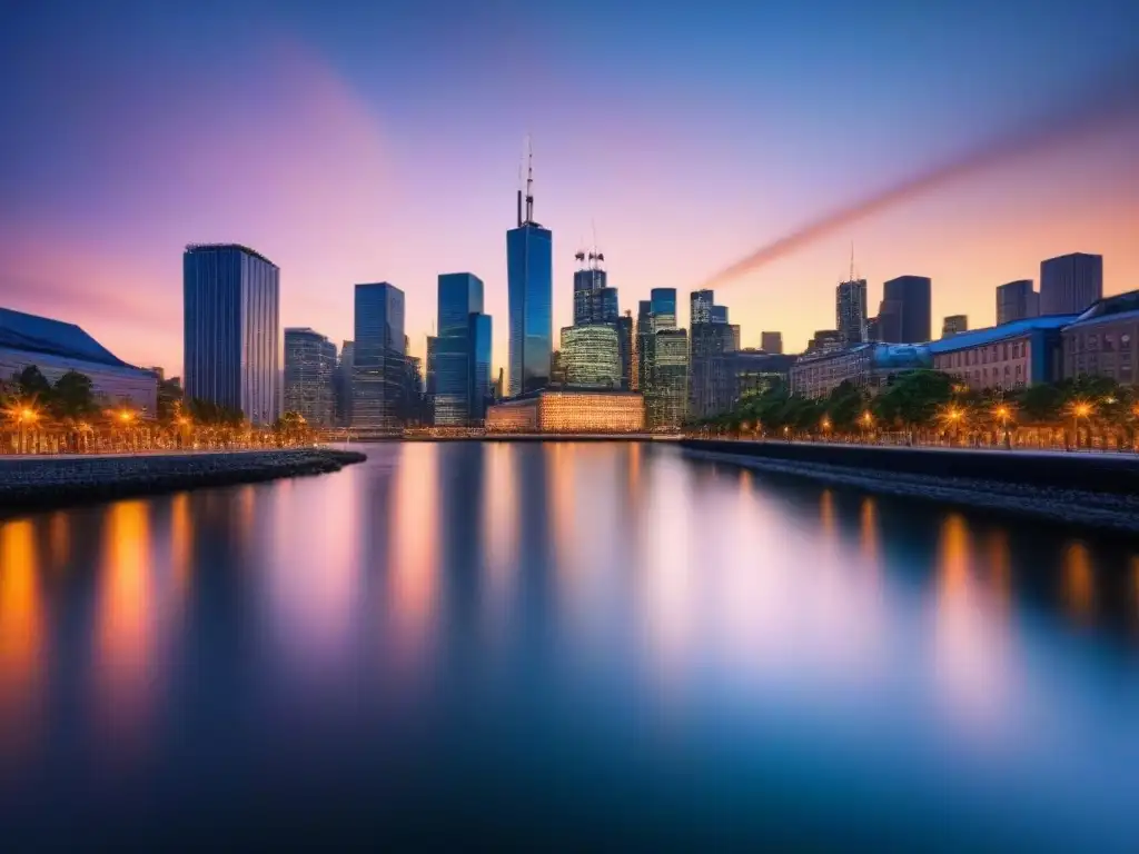 Horizonte urbano moderno al atardecer: reflejos luminosos en río tranquilo Vibrante ciudad financiera iluminada sobre río al anochecer
