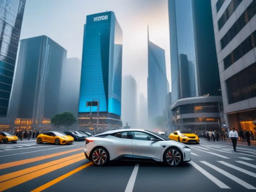 Horizonte urbano moderno: Finanzas y tecnología en armonía Vibrante ciudad financiera con rascacielos de cristal, ejecutivos y autos eléctricos