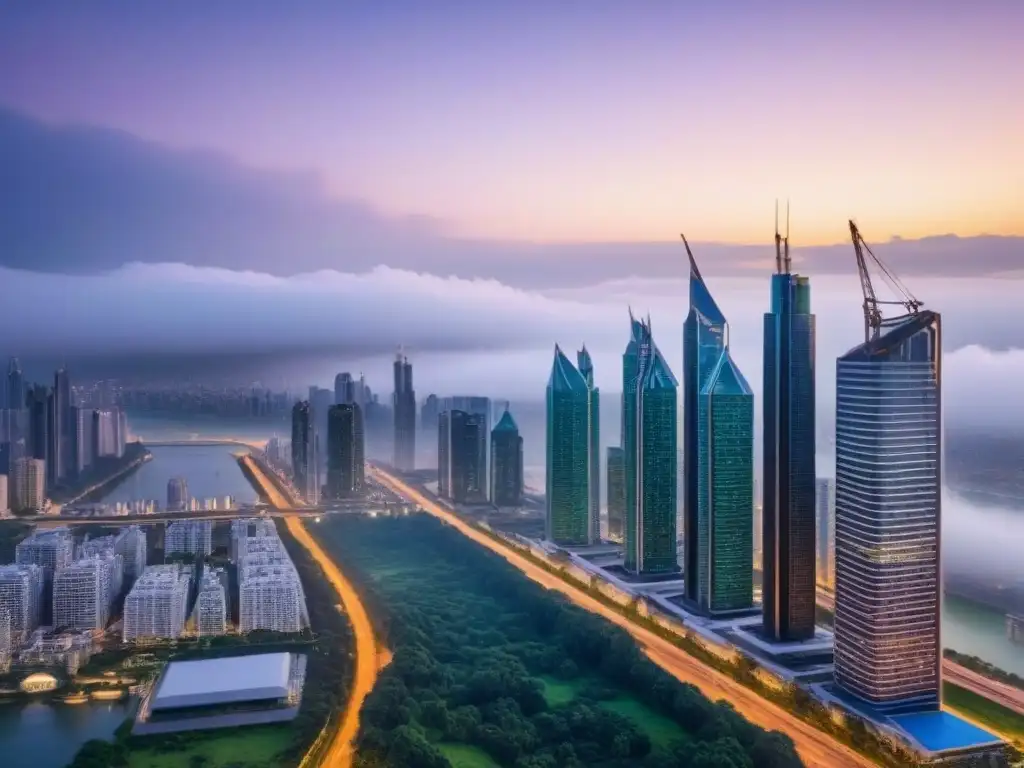Skyline sostenible: arquitectura verde y diversidad 'Vibrante ciudad futurista al anochecer con arquitectura verde innovadora y prácticas éticas en el mercado inmobiliario'