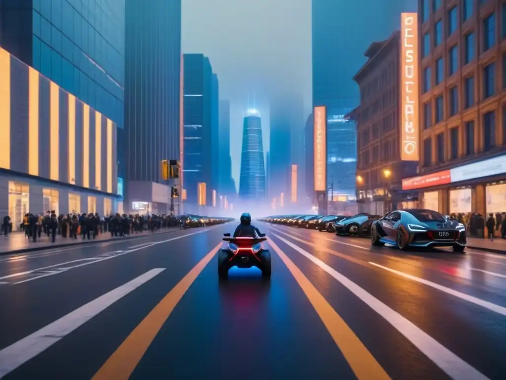 Metrópolis futurista: arquitectura moderna y vida urbana avanzada Vibrante ciudad futurista al anochecer, fusionando arquitectura tradicional con diseño vanguardista