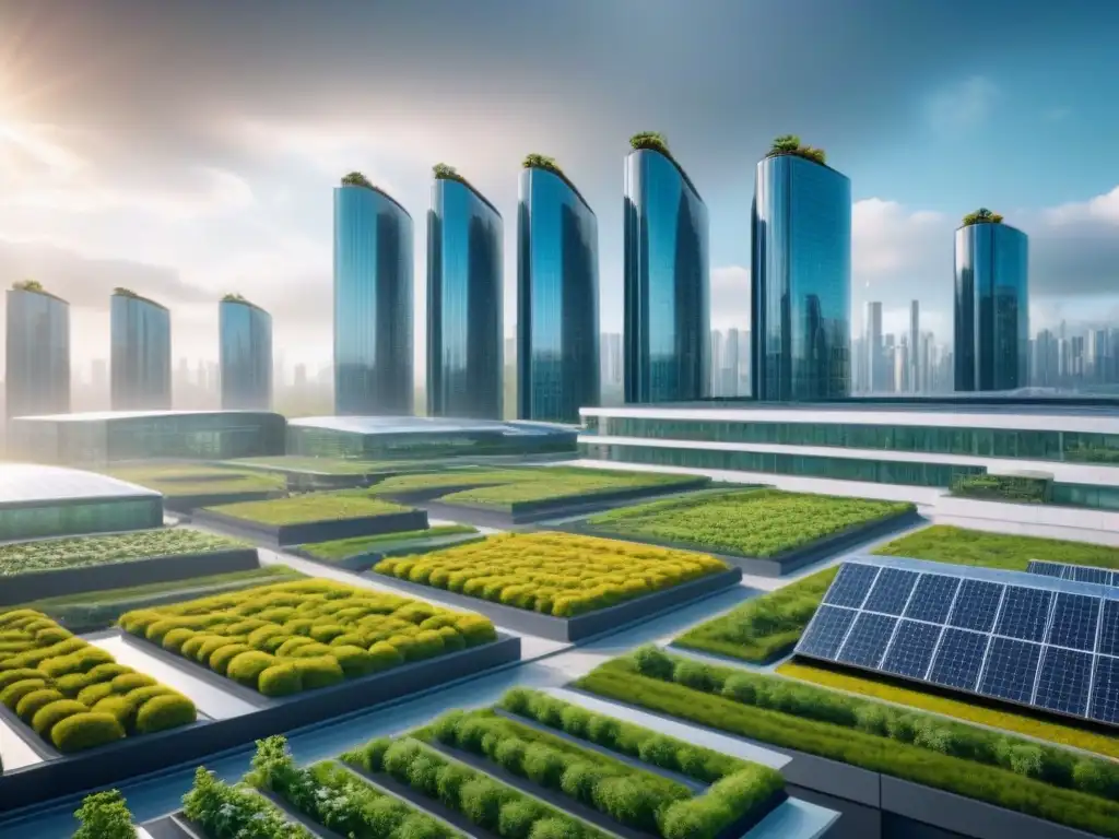 Cityscape sostenible: arquitectura verde y futurista en 8k Vibrante ciudad futurista con arquitectura sustentable integrada, promoviendo la importancia de combatir la contaminación urbana