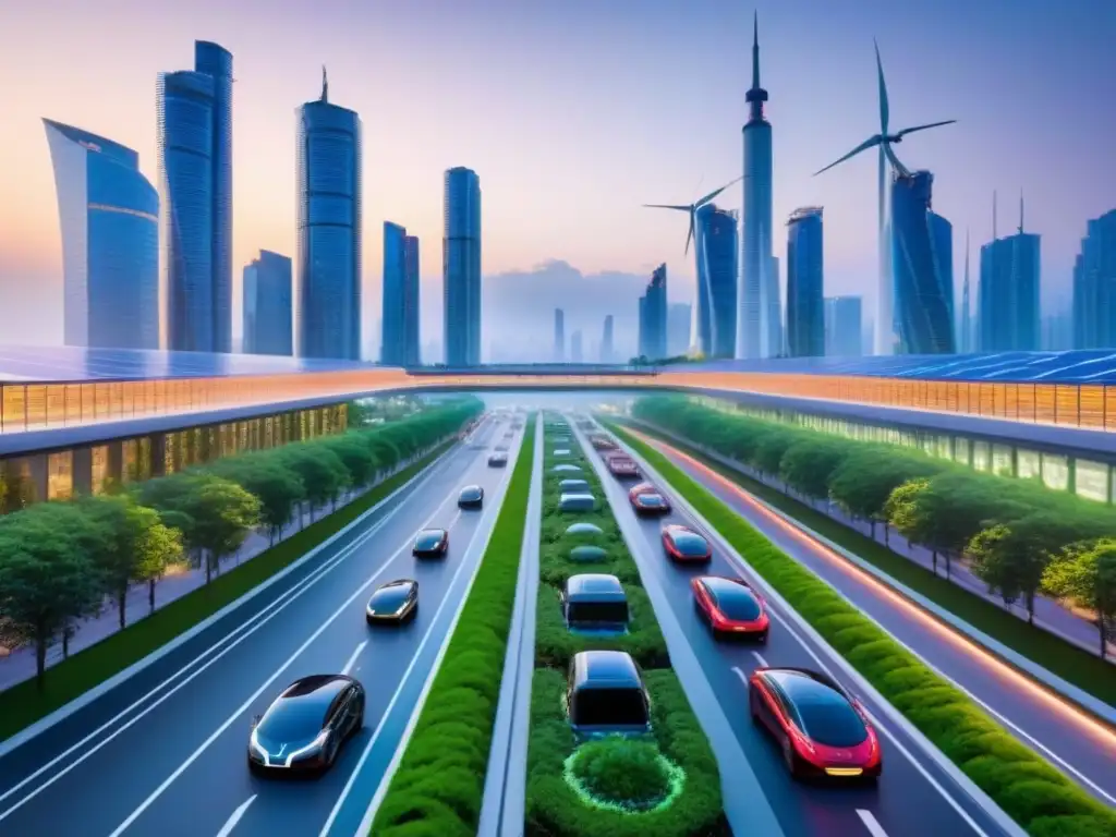 Metrópolis sostenible: skyline futurista y naturaleza en armonía Vibrante ciudad futurista al atardecer con infraestructura sostenible, tecnología y naturaleza en armonía