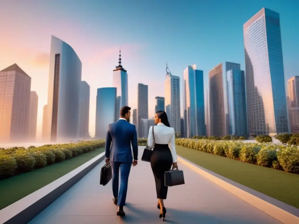 Innovación y prosperidad: horizonte urbano al atardecer Vibrante ciudad futurista al atardecer, reflejando luces cálidas del sol