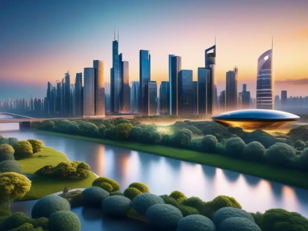 Horizonte futurista: integración de Machine Learning en bienes raíces Una vibrante ciudad futurista al atardecer, con rascacielos dorados, parques verdes y personas analizando datos inmobiliarios con tablets