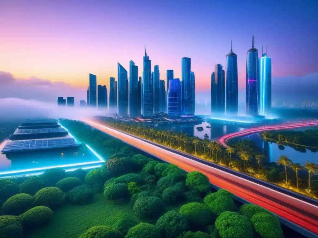 Metrópolis futurista en 8k: luces neón y tecnología de vanguardia Vibrante ciudad futurista al atardecer con rascacielos, luces de neón y tecnología innovadora