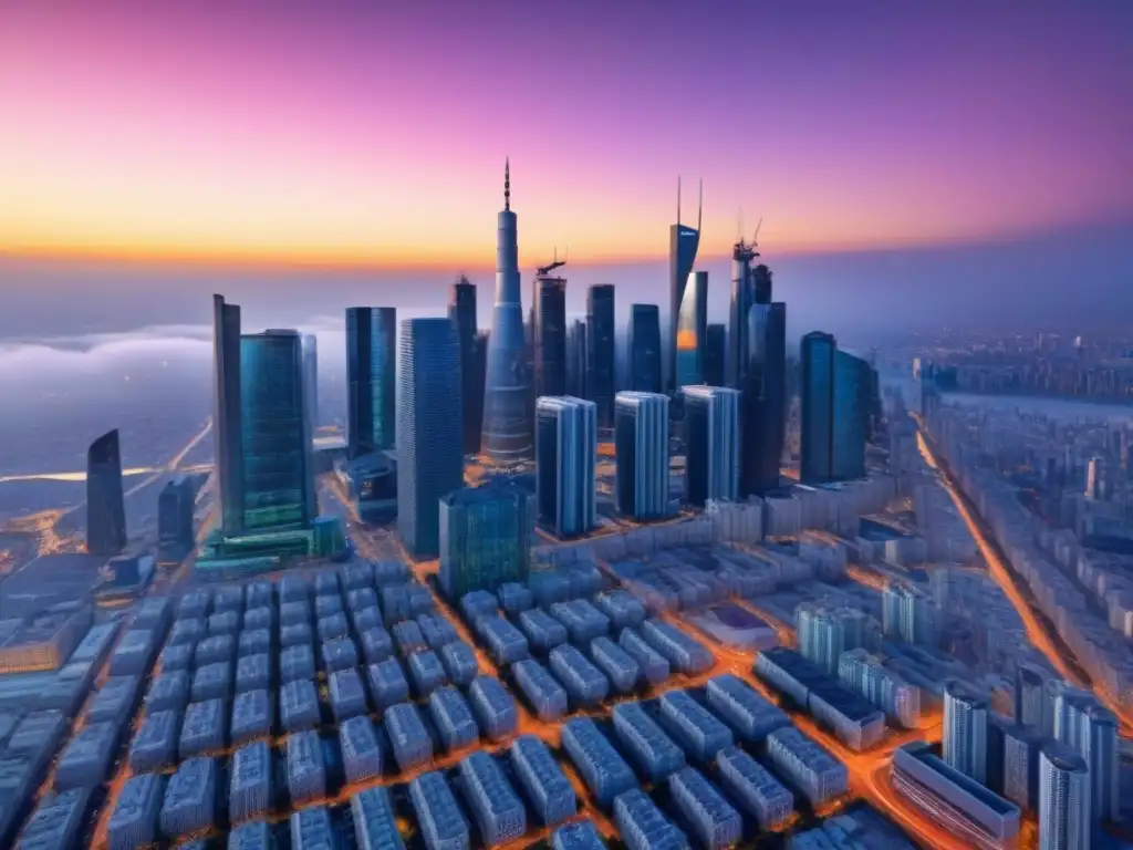 Metrópolis futurista al atardecer: innovación inmobiliaria en acción Vibrante ciudad futurista al atardecer con tecnología avanzada