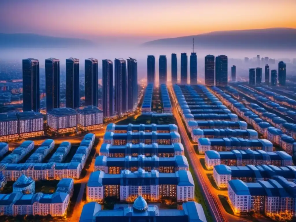 Evaluación inmobiliaria futurista con drones AI en 8k Vibrante ciudad futurista al atardecer con drones de IA evaluando propiedades