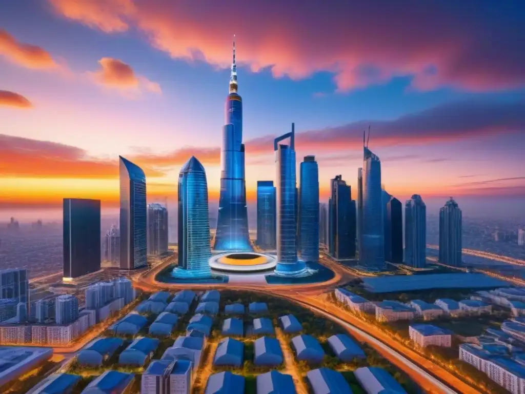 Futurista ciudad AI: atardecer vibrante y rascacielos Vibrante ciudad futurista al atardecer con rascacielos y drones, reflejando la Inteligencia Artificial en Marketing Inmobiliario