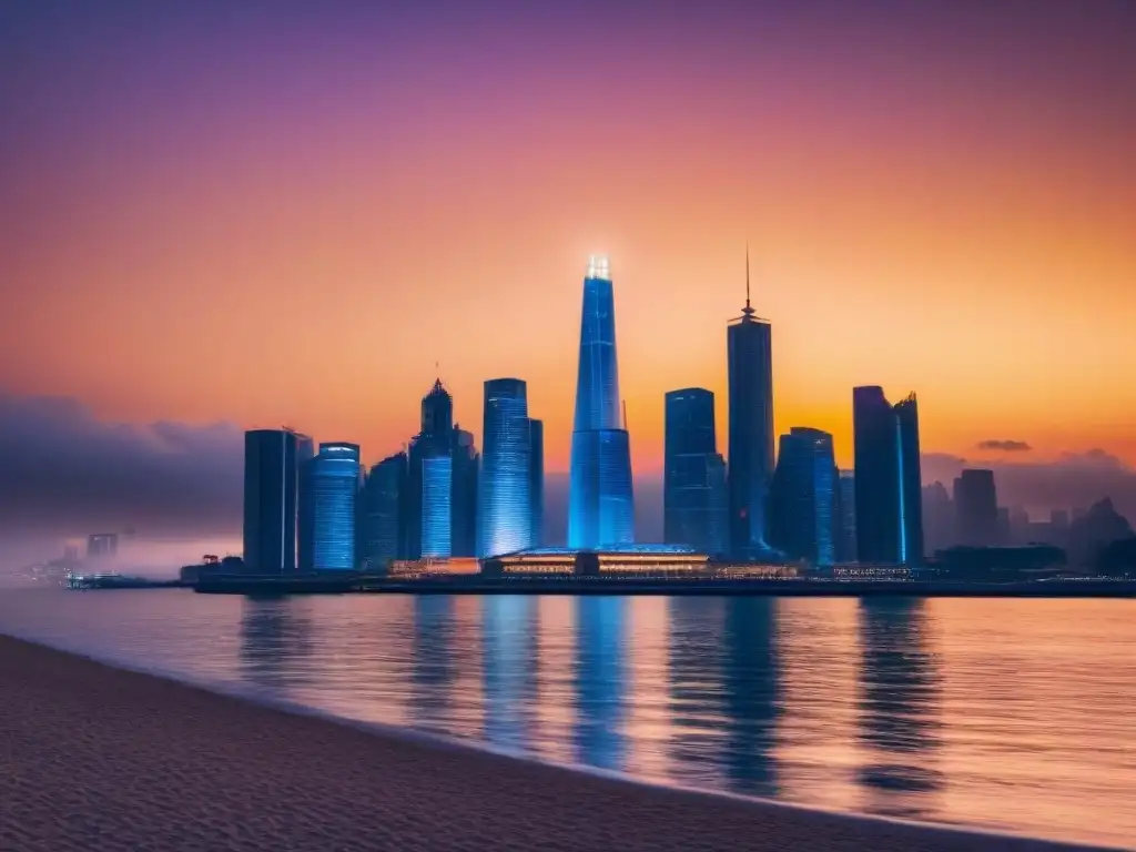 Horizonte futurista: ciudad brillante al atardecer Vibrante ciudad futurista al atardecer con rascacielos iluminados