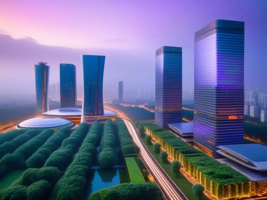 Horizonte futurista sostenible al anochecer Vibrante ciudad futurista al atardecer, con rascacielos sustentables y naturaleza integrada, combatiendo la contaminación urbana