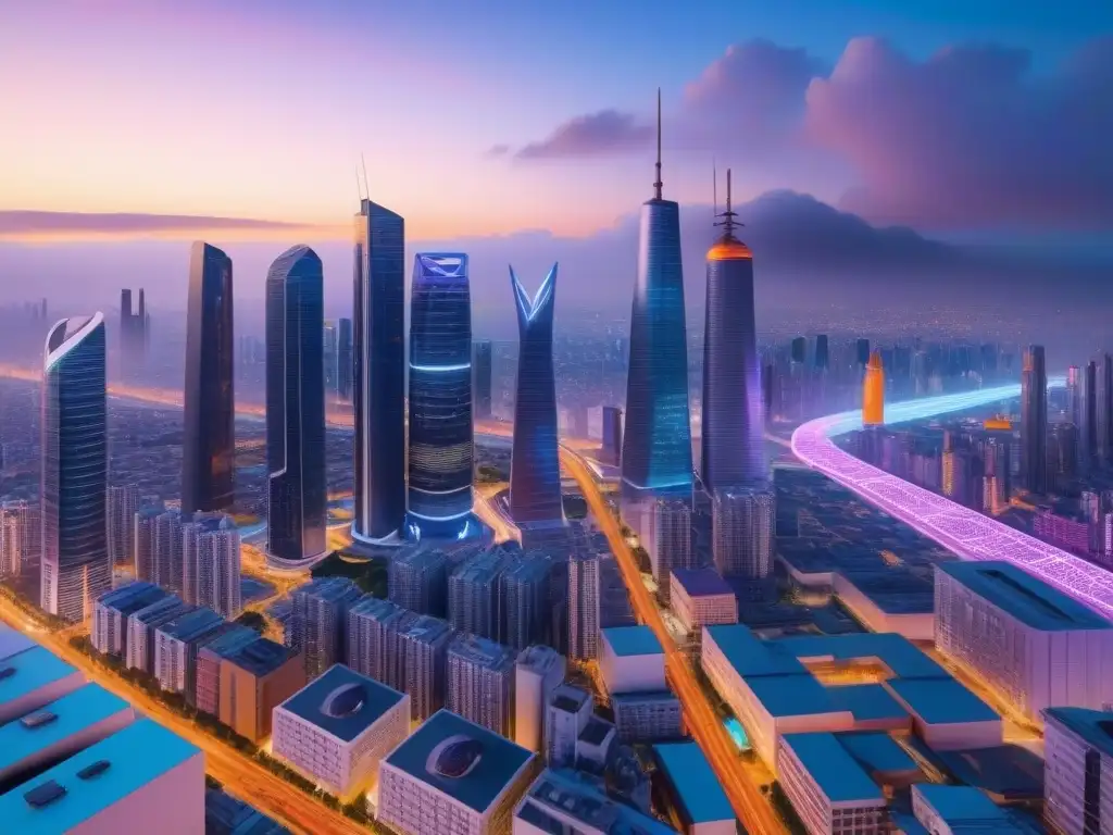 Metrópolis futurista: luces de neón y tecnología avanzada Vibrante ciudad futurista al atardecer con rascacielos iluminados por luces neón, vehículos autónomos y drones