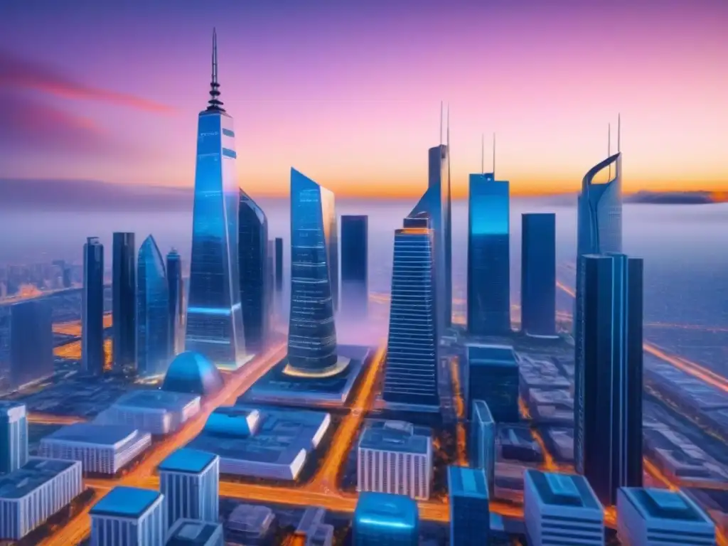Metrópolis futurista al atardecer: 8k ultra detallado Vibrante ciudad futurista al atardecer con rascacielos y vehículos autónomos, mostrando herramientas de análisis mercado inmobiliario