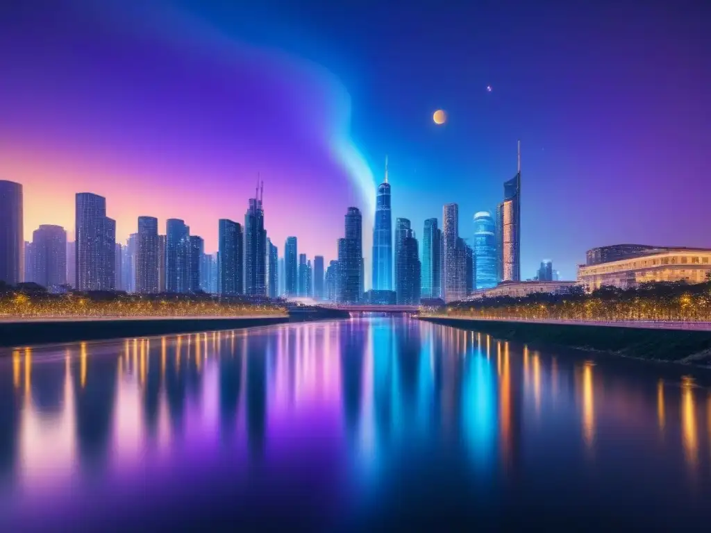 Horizonte futurista: luces neón en ciudad tecnológica Vibrante ciudad futurista al atardecer con rascacielos iluminados y datos brillantes, reflejando en el río