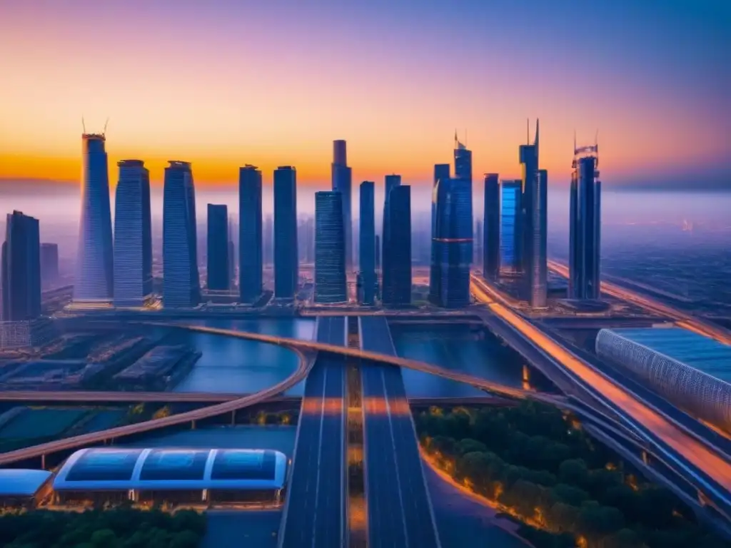 Metrópolis futurista al atardecer: innovación en el sector inmobiliario Vibrante ciudad futurista al atardecer, con rascacielos resplandecientes y transporte avanzado