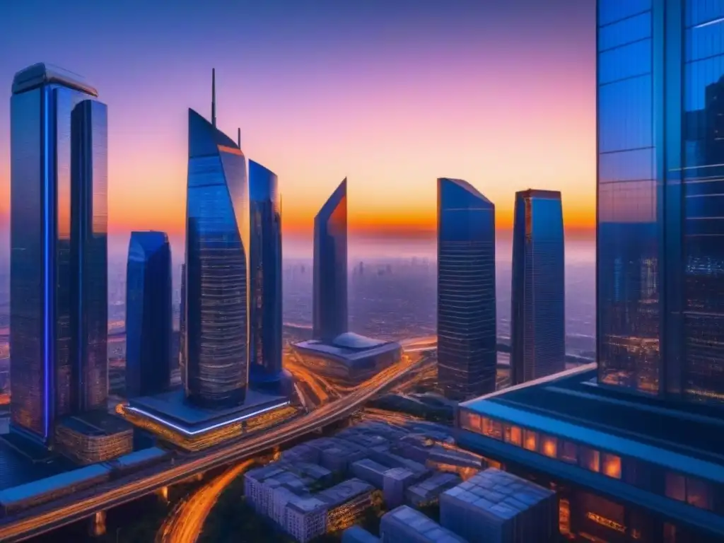 Metrópolis del futuro al atardecer: diseño estratégico para máximizar ROI Vibrante ciudad futurista al atardecer con rascacielos, calles llenas de vehículos autónomos y luces de neón