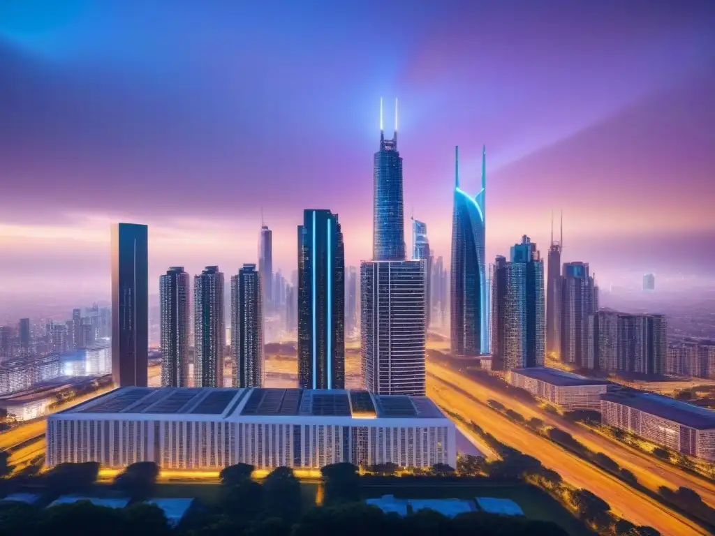 Metrópolis futurista: IA revoluciona el mercado inmobiliario Vibrante ciudad futurista al anochecer con IA en búsqueda inmobiliaria