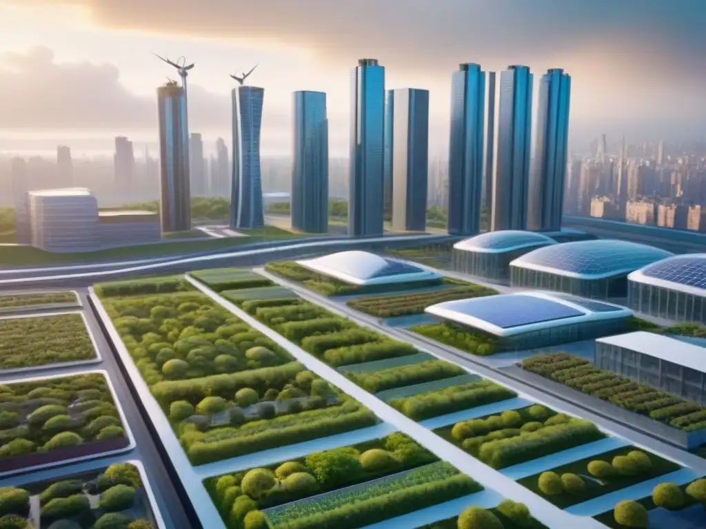 Metrópolis futurista: edificios sostenibles y energía limpia Vibrante ciudad futurista con edificios sostenibles y transporte eco, simbolizando desarrollos urbanos con materiales de construcción innovadores