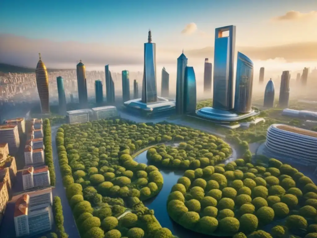 Cityscape futurista: armonía entre modernidad y patrimonio cultural Vibrante ciudad futurista con edificios altos, vegetación y monumentos históricos integrados
