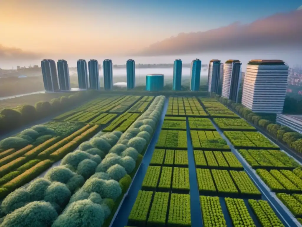 Metrópolis futurista: arquitectura sostenible en armonía con la naturaleza Vibrante ciudad futurista con edificios ecoamigables integrados con vegetación, en armonía con la naturaleza