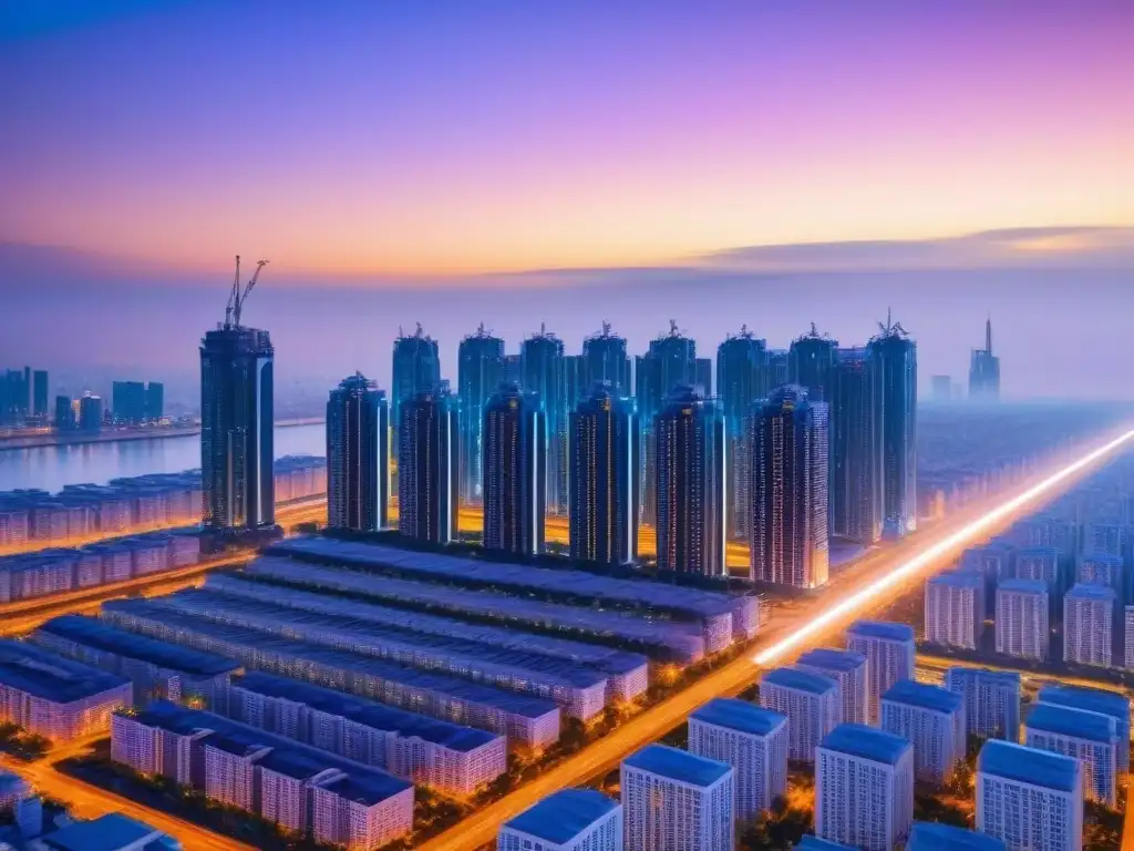 Metrópolis futurista: avances en IA y arquitectura innovadora Vibrante ciudad futurista al anochecer con edificios innovadores iluminados por sistemas de IA