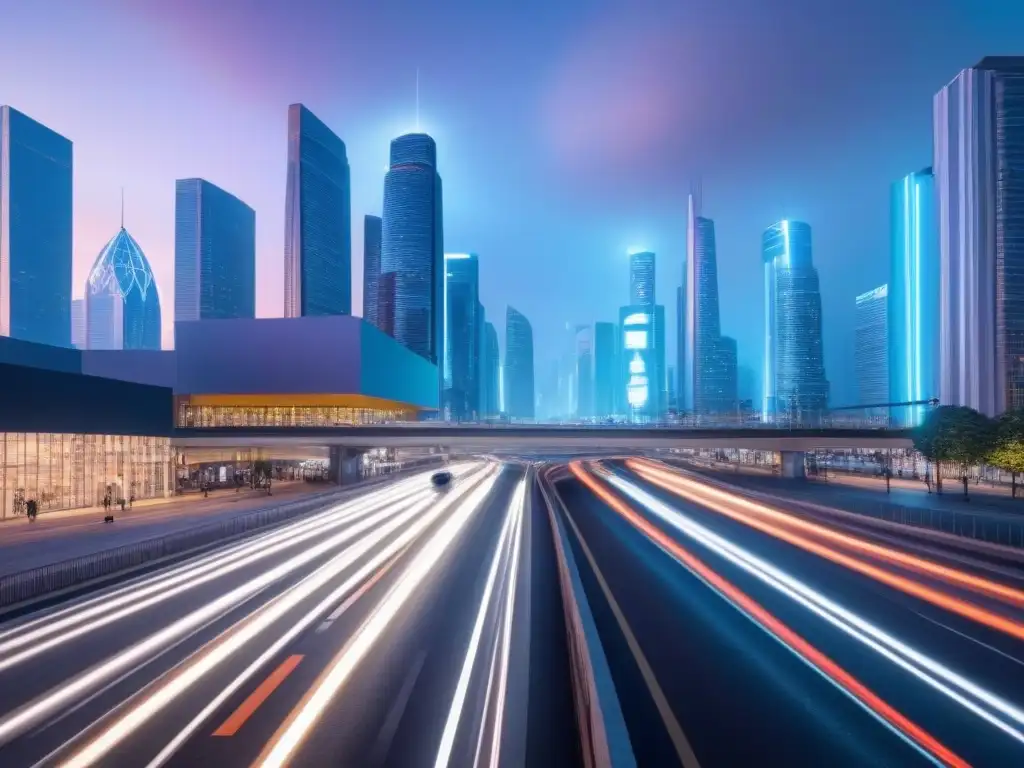 Horizonte futurista: Movimiento y modernidad en la ciudad Vibrante ciudad futurista al anochecer con edificios iluminados y tráfico variado