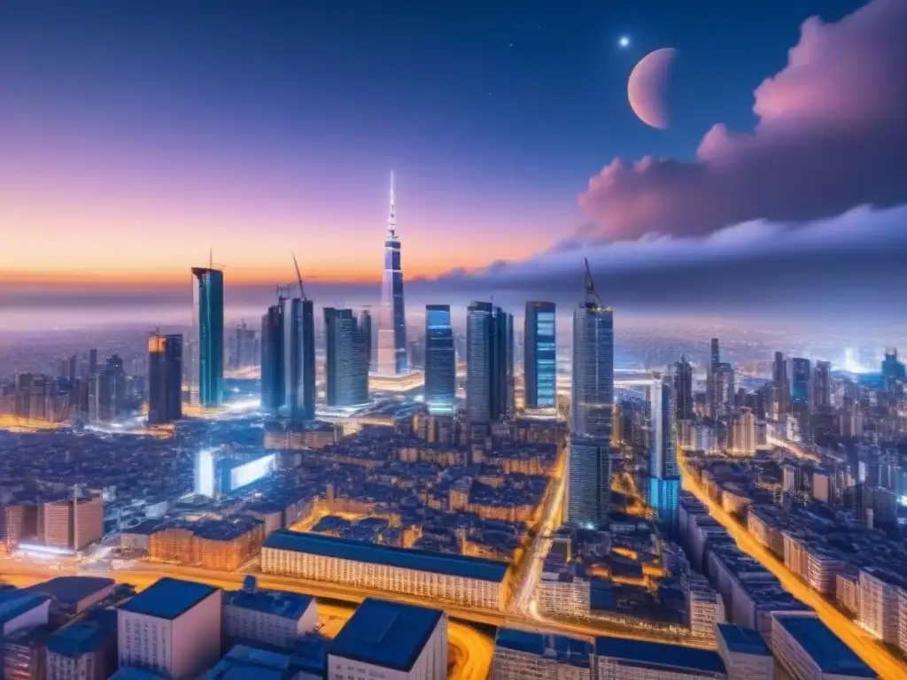 Metrópolis futurista: noche vibrante con rascacielos y tecnología avanzada Vibrante ciudad futurista iluminada de noche