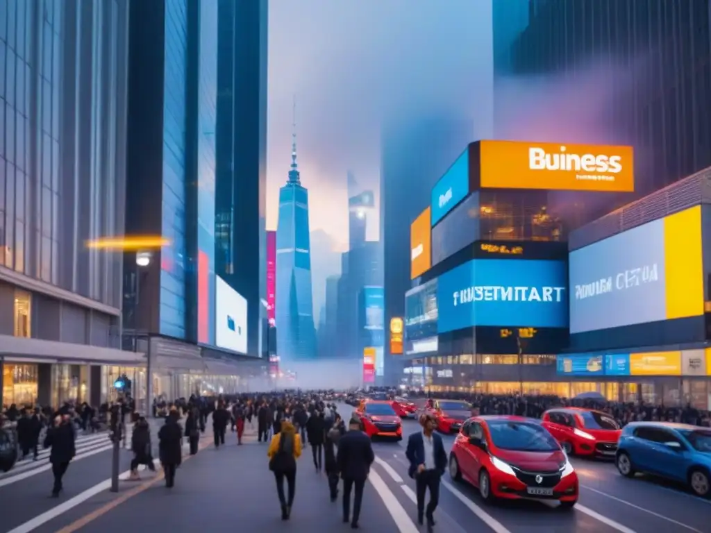 Metrópolis futurista: luces vibrantes y tecnología inteligente en la ciudad moderna Vibrante ciudad futurista con impacto tecnología desarrollo urbano: rascacielos iluminados y gente integrada con tecnología avanzada