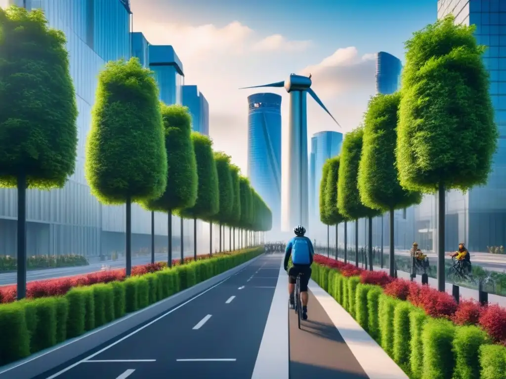 Metrópolis futurista: rascacielos verdes y sustentables Vibrante ciudad futurista con infraestructura verde, rascacielos ecológicos y bulliciosa greenway
