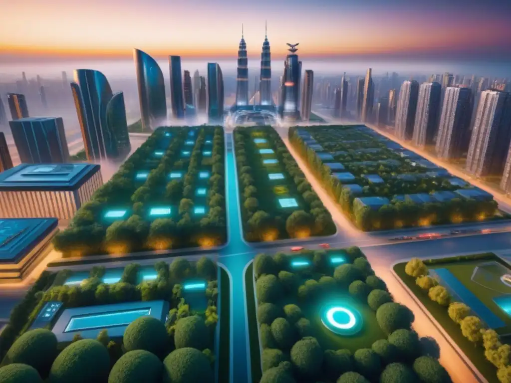 Metrópolis futurista: IA, drones y arquitectura vanguardista Vibrante ciudad futurista con IA en valoración inmobiliaria, drones inspeccionando propiedades al atardecer