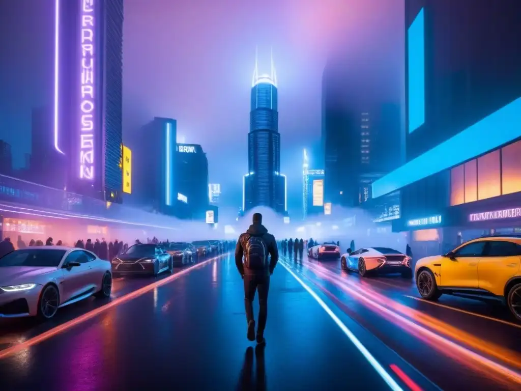 Metrópolis futurista: luces neón y tecnología avanzada Vibrante ciudad futurista al anochecer con innovadores rascacielos iluminados y vehículos autónomos en una calle activa