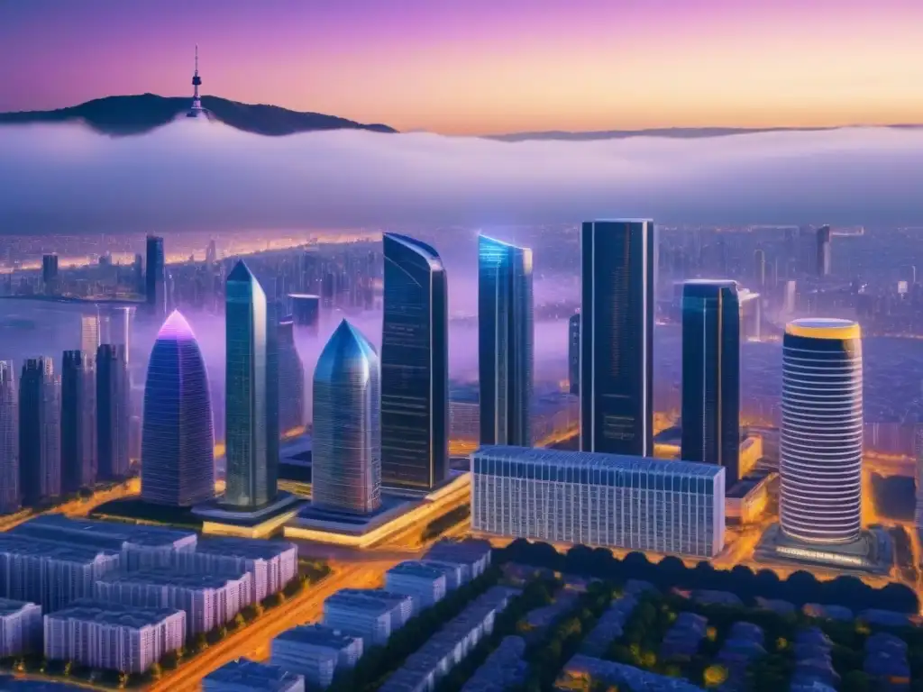 Metrópolis futurista: integración de IA en la valoración inmobiliaria Vibrante ciudad futurista al anochecer con inteligencia artificial en valoración predictiva de propiedades