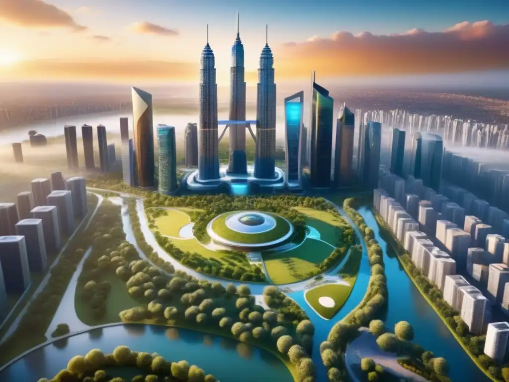 Metrópolis futurista: tecnología y naturaleza en armonía Vibrante ciudad futurista con IA en mercado inmobiliario, espacios verdes y rascacielos altos