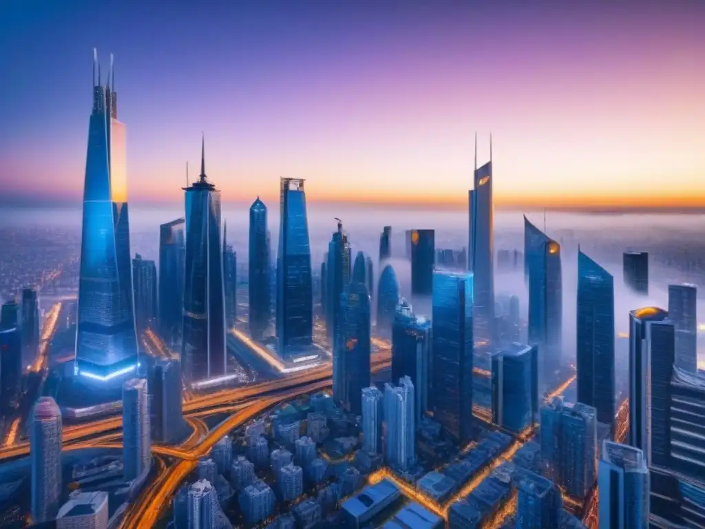 Metrópolis futurista: arquitectura vanguardista y tecnología avanzada en una ciudad en constante evolución Vibrante ciudad futurista protege inversión mercado inmobiliario