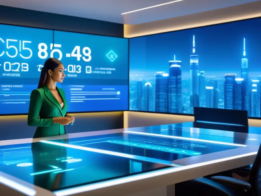 Metrópolis futurista: reunión hightech sobre gestión hipotecaria Vibrante ciudad futurista con modernos rascacielos y avanzada tecnología de gestión hipotecaria